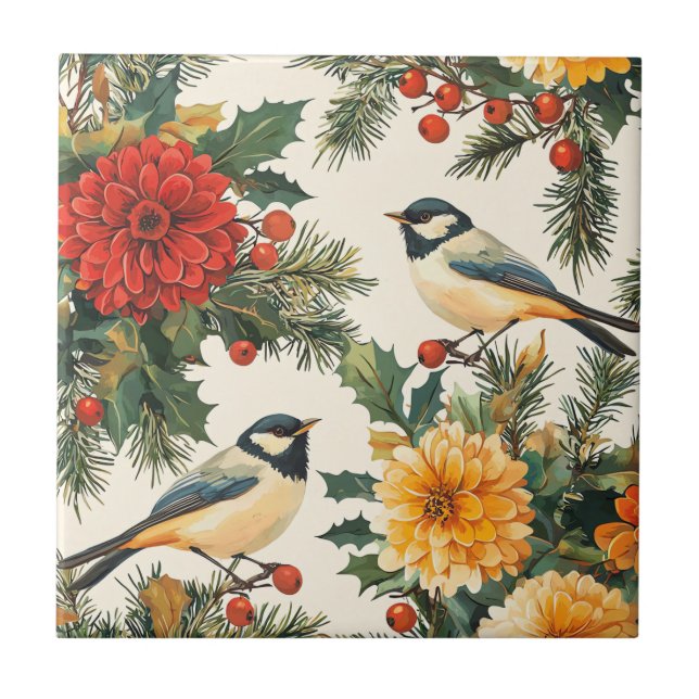 Rustic Bird and Poinsettia Christmas Pattern (9)  Tile (Front)