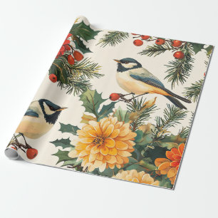 Rustic Bird and Poinsettia Christmas Pattern (9) Wrapping Paper