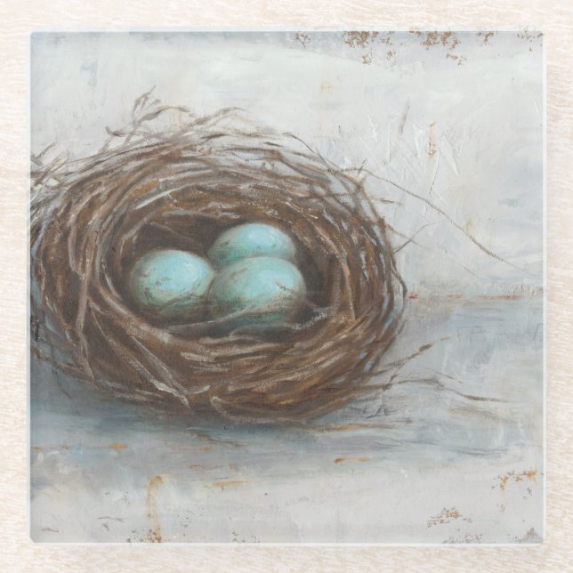 Rustic Bird Nest - Blue Glass Coaster (Front)