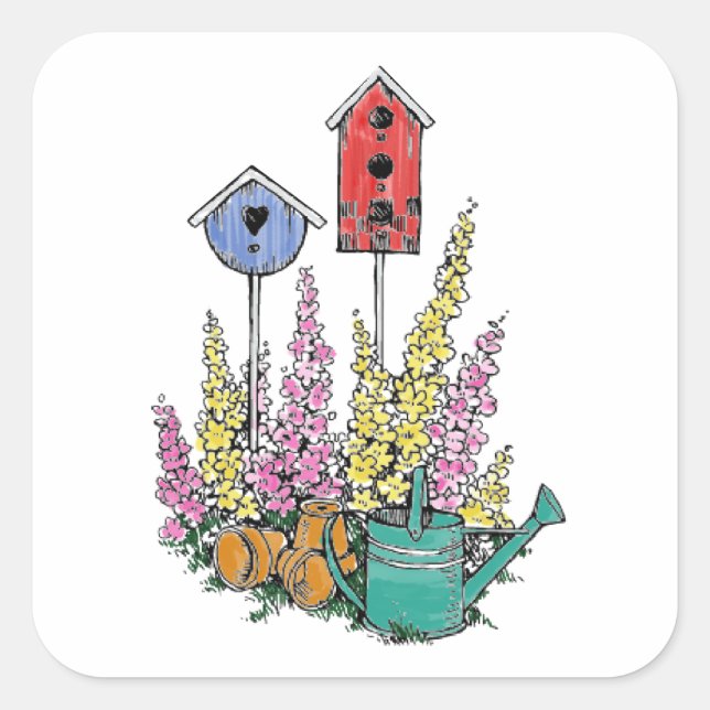 Rustic Birdhouse Garden Watercolor Sketch Square Sticker (Front)
