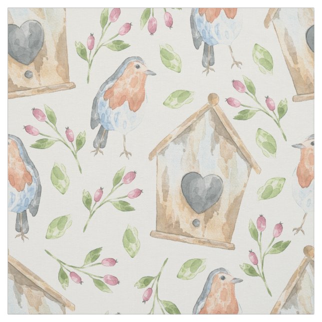 Rustic Birdhouse Robin Watercolor Pattern Fabric (Swatch)