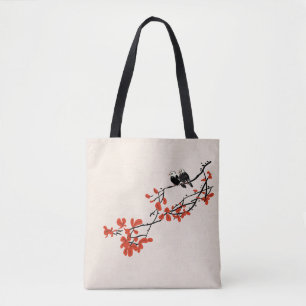 Rustic Birds on Tree Branch With Red Leaves Tote B Bag