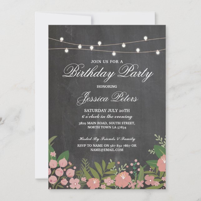 Rustic Birthday Party Coral Floral Chalk Invite (Front)