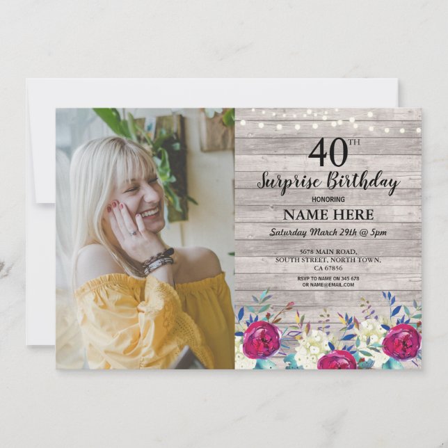 Rustic Birthday Party Photo Floral Grey Wood 40th Invitation (Front)