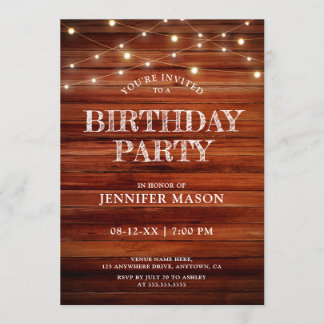 Rustic Birthday Party | Wood & String Lights Invitation