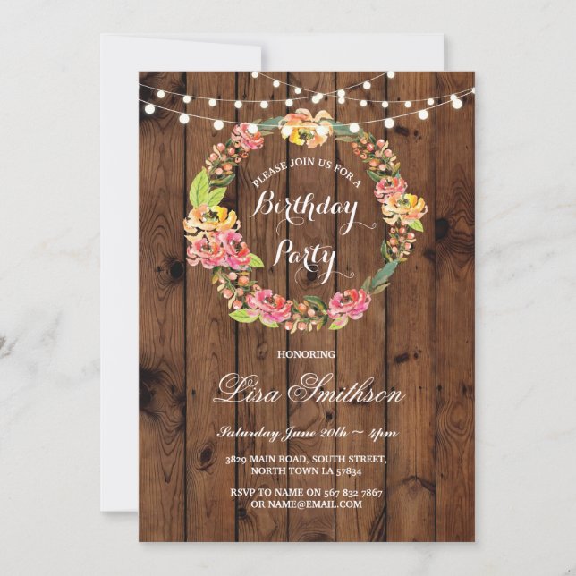 Rustic Birthday Party Wreath Flowers Wood Invite (Front)