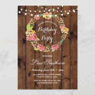 Rustic Birthday Party Wreath Flowers Wood Invite