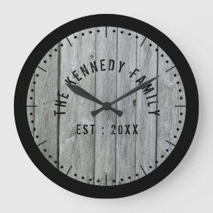 Rustic Black And Gray Wood Family Name Large Clock