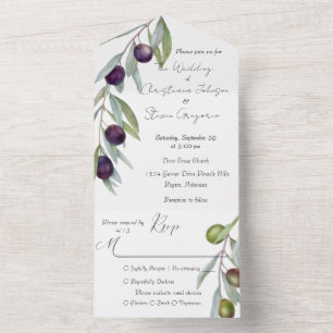 Rustic Black and Green Olive Branch Watercolor All In One Invitation
