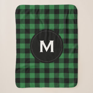 Rustic Black and Green Plaid Pattern Monogram Sherpa Blanket