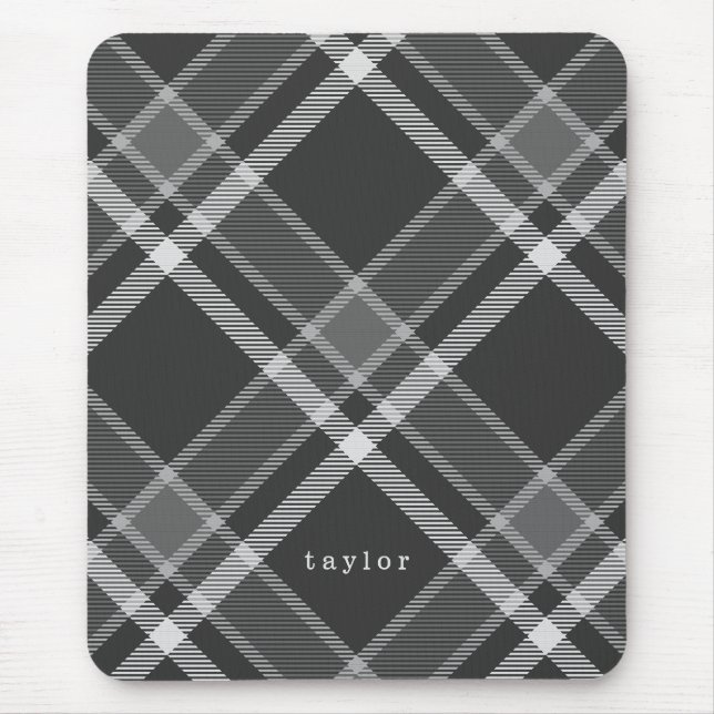 Rustic Black and Grey Tartan Plaid with Name Mouse Mat (Front)