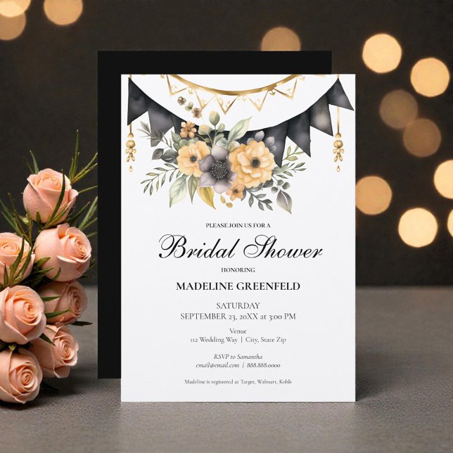 Rustic Black and Peach Floral Bridal Shower Invitation (Creator Uploaded)