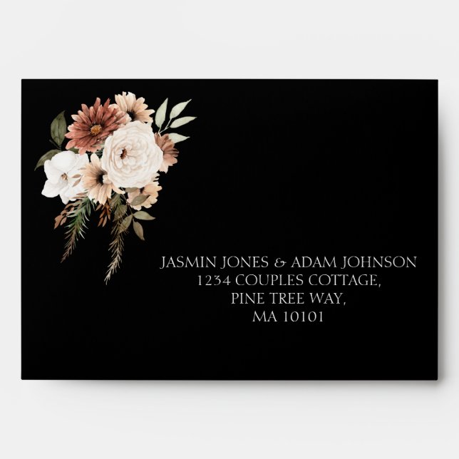 Rustic Black and Peach Floral Wedding Envelope (Front)