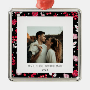 Rustic black and red Christmas pattern photo Metal Tree Decoration