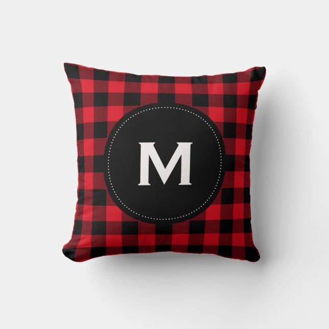 Rustic Black and Red Plaid Pattern Monogram Cushion (Front)