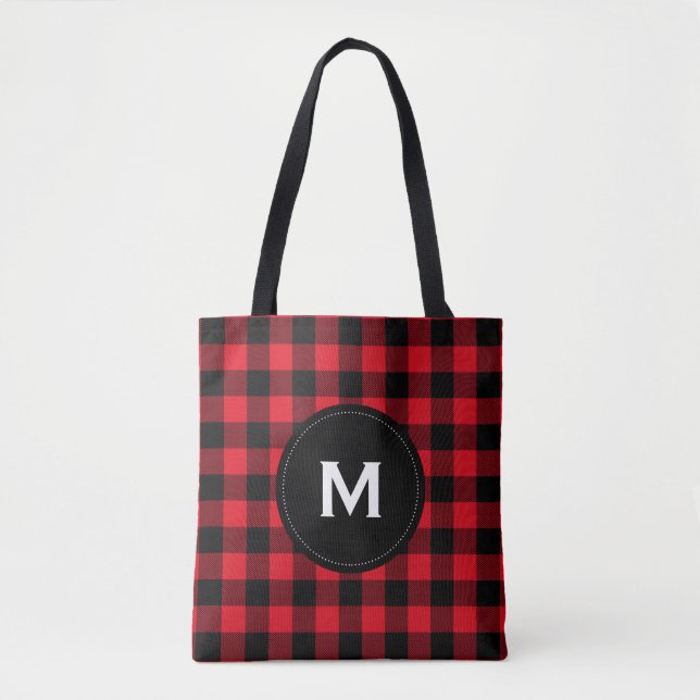 Rustic Black and Red Plaid Pattern Monogram Tote Bag (Front)