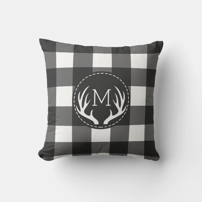 Rustic Black and White Antlers Monogram Cushion (Front)
