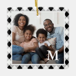 Rustic Black and White Argyle Monogram Photo Ceramic Ornament