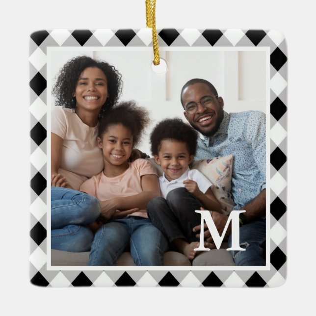 Rustic Black and White Argyle Monogram Photo Ceramic Ornament (Front)