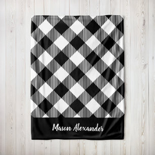 Rustic Black and White Buffalo Check Monogram Fleece Blanket