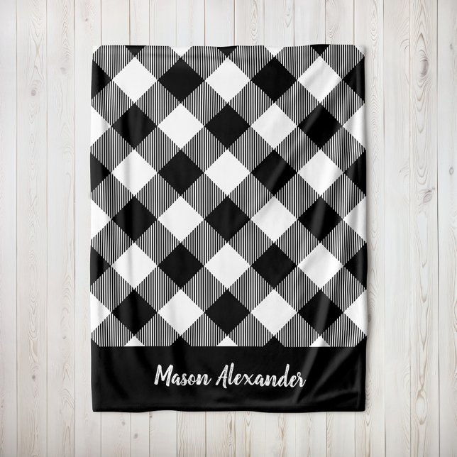 Rustic Black and White Buffalo Check Monogram Fleece Blanket (Creator Uploaded)
