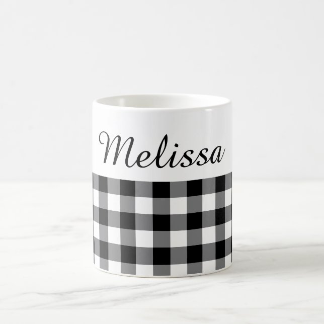 Rustic Black And White Buffalo Plaid Custom Name Coffee Mug (Center)