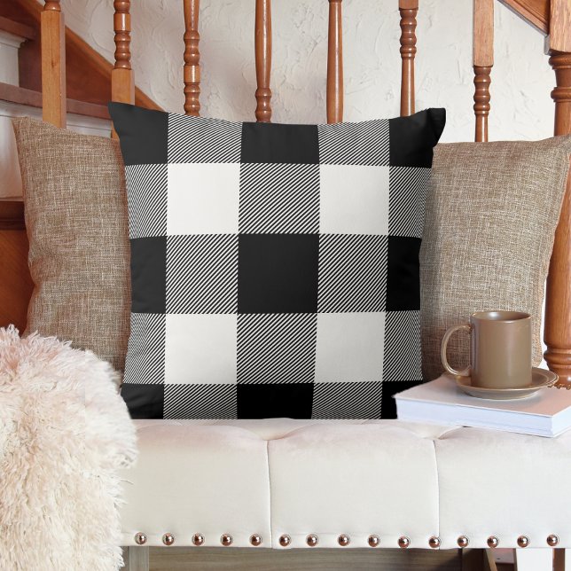 Rustic Black and White Buffalo Plaid Farmhouse Cushion (Modern Farmhouse Black and White Buffalo Plaid Throw Pillow.  A cozy addition to your home decor.)