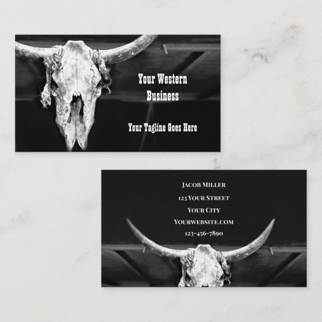 Rustic Black And White Country Western Bull Skull Business Card (Front/Back)