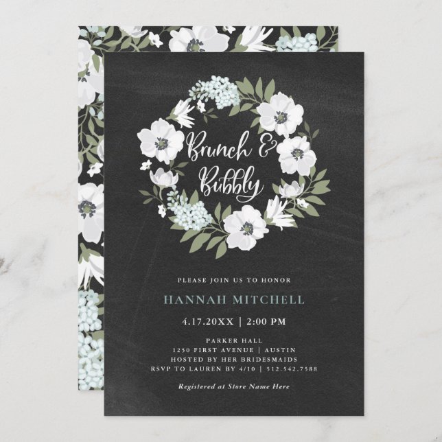 Rustic Black and White Floral | Brunch and Bubbly Invitation (Front/Back)