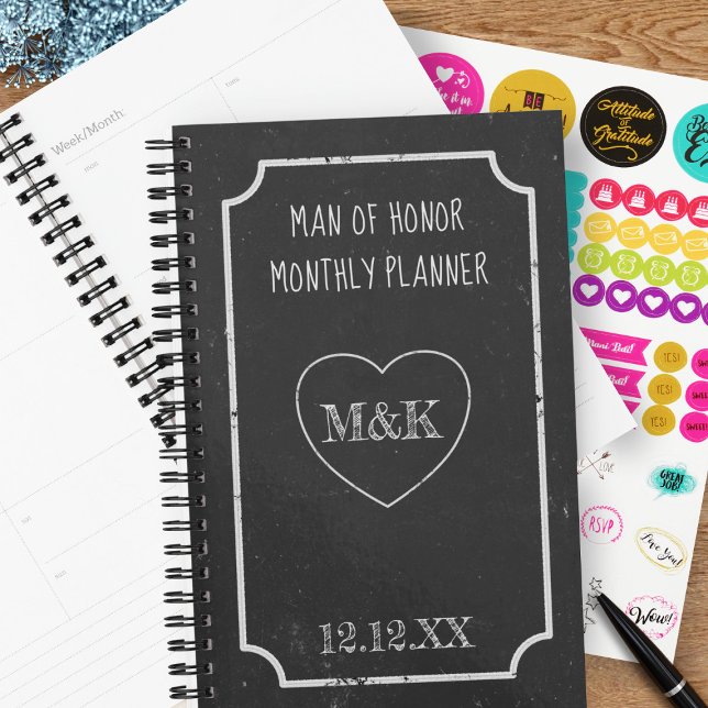 Rustic Black and White Heart Bridal Party Planner (For your Man of Honor or any member of your bridal party, add their name and your wedding date)