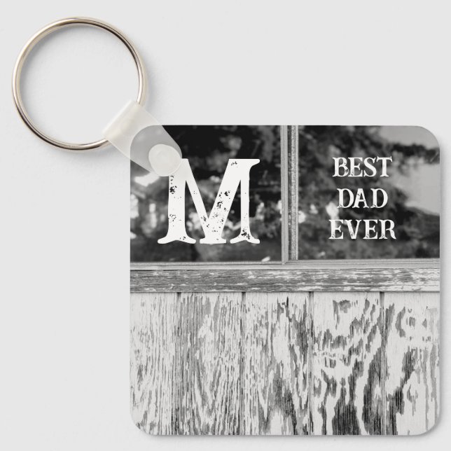 Rustic Black and White Photo Best Dad Ever Initial Key Ring (Front)