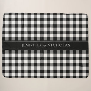 Rustic Black And White Plaid Checks Name Sherpa Blanket