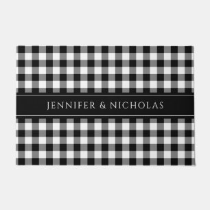 Rustic Black And White Plaid Gingham Name  Doormat