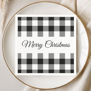 Rustic Black And White Plaid Merry Christmas Napkin