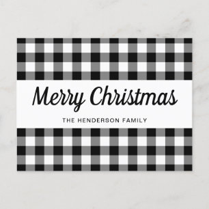 Rustic Black And White Plaid Merry Christmas Postcard