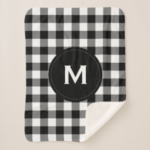 Rustic Black and White Plaid Pattern Monogram Sherpa Blanket