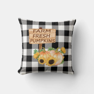 Rustic Black and White Plaid with Fall Pumpkins Cushion