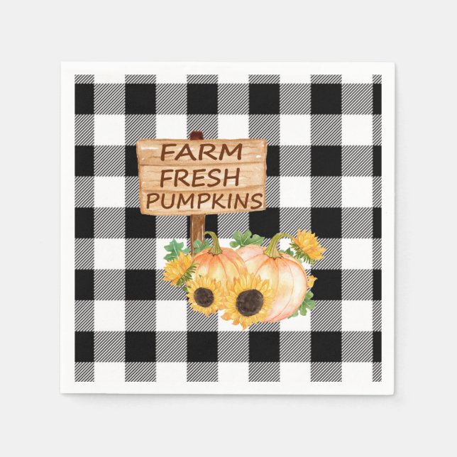 Rustic Black and White Plaid with Fall Pumpkins Napkin (Front)