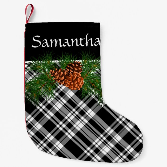 Rustic black and white plaid with pine cone small christmas stocking (Front)