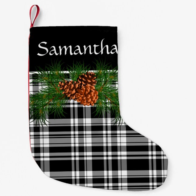 Rustic black and white plaid with pine cone small christmas stocking (Front)