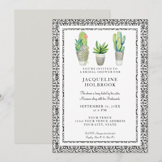 Rustic Black and White Urban Desert Cactus Theme Invitation (Front/Back)
