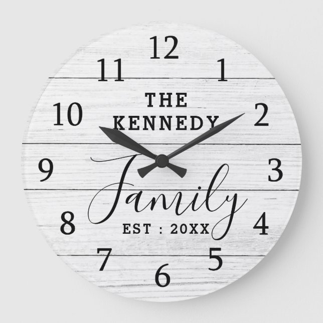 Rustic Black And White Wood Farmhouse Family Name  Large Clock (Front)