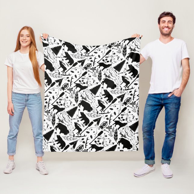 Rustic Black Bear Deer Buffalo Woodland Pattern Fleece Blanket (In Situ)