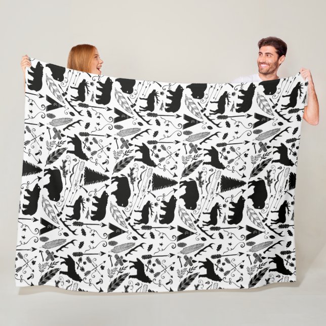 Rustic Black Bear Deer Buffalo Woodland Pattern Fleece Blanket (In Situ)