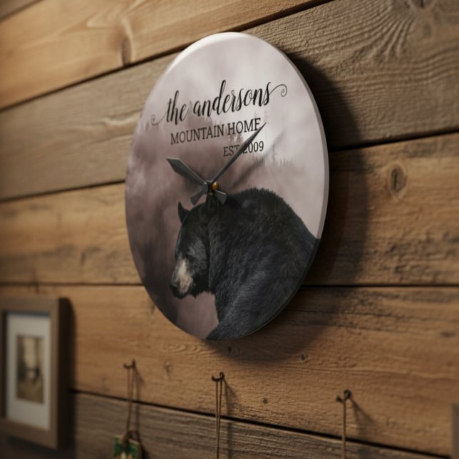 Rustic Black Bear Forest Cabin Decor Monogram  Large Clock (Creator Uploaded)
