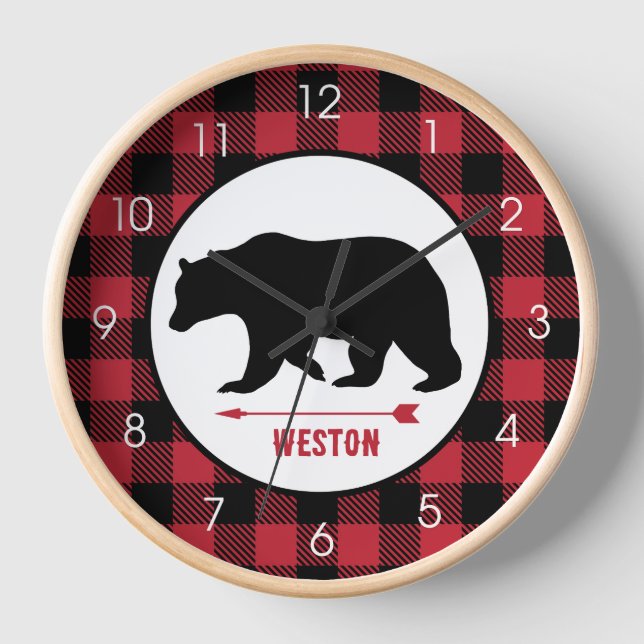 Rustic Black Bear Lumberjack Buffalo Plaid Clock (Front)