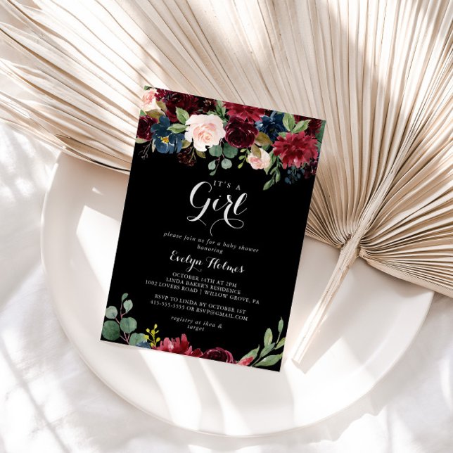 Rustic Black Botanical It's A Girl Baby Shower  Invitation (Creator Uploaded)