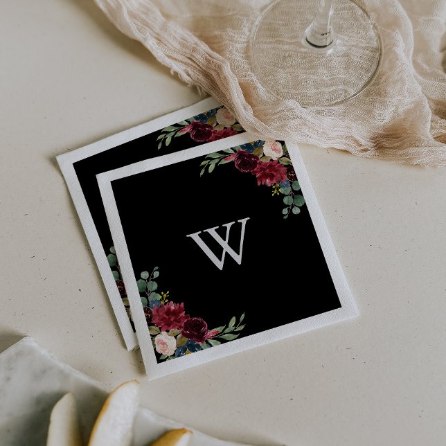 Rustic Black Botanical Monogram Wedding  Napkin (Creator Uploaded)