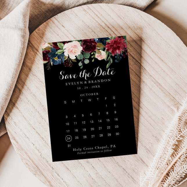 Rustic Black Botanical Save the Date Calendar (Creator Uploaded)