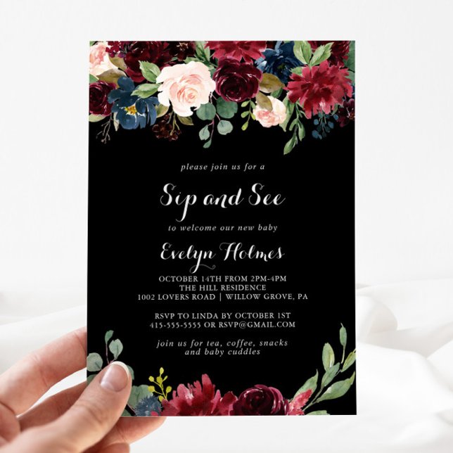 Rustic Black Botanical Sip and See Invitation (Creator Uploaded)